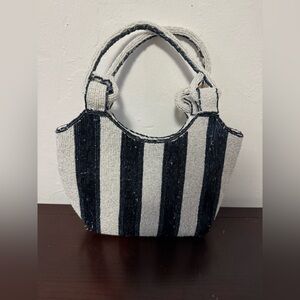 Beaded Navy and White Striped Bag